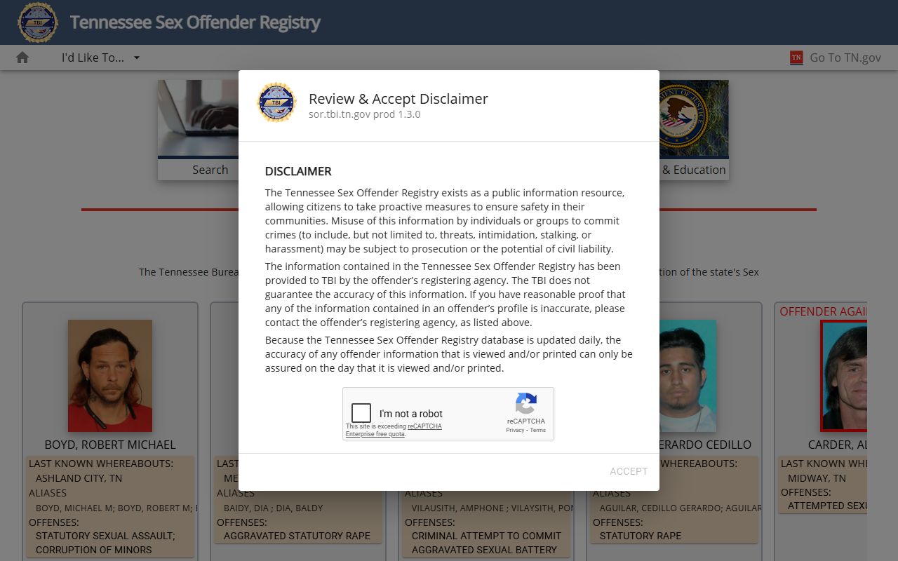 Tennessee Recent Arrests sex offender registry resource